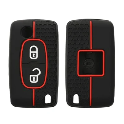 Afbeelding van kwmobile autosleutel hoesje geschikt voor Peugeot Citroen 2 knops inklapbare hoes Siliconen behuizing Auto sleutel case met honingraat Sleuteletui in zwart / rood