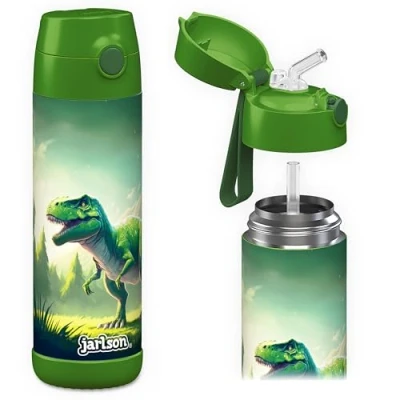 Afbeelding van Jarlson® Roestvrijstalen drinkfles, thermosfles, BPA vrij, waterfles met rietje, 500 ml, groene dinosaurus