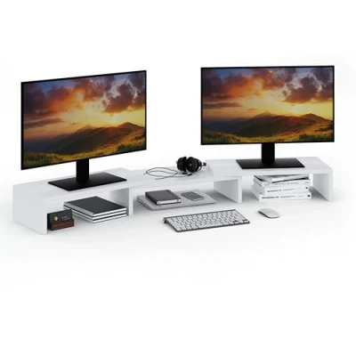 Afbeelding van ComfortCove Houder voor twee monitoren, monitorhouder, monitorstandaard, bureau organizer, computerhouder, 3 planken, verstelbare lengte, wit
