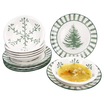 Afbeelding van MamboCat 12 delig tafelservies dennengroen, aardewerk servies voor 6 personen, dennen en takkenmotief, platte borden soepborden, 400 ml