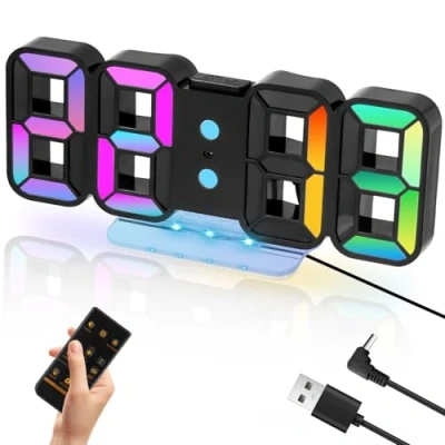 Afbeelding van Zaxiva digitale wekker, wandklok met snooze functie, klok afstandsbediening, led 14 RGB kleur, 12/24 uur, decoratie voor gaming, kantoor, slaapkamer, zwart