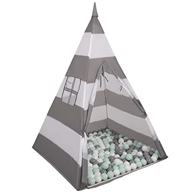 Afbeelding van Selonis Tipi tent voor kinderen met 100 ballen binnen en buiten, grijze witte strepen: wit/grijs/mint