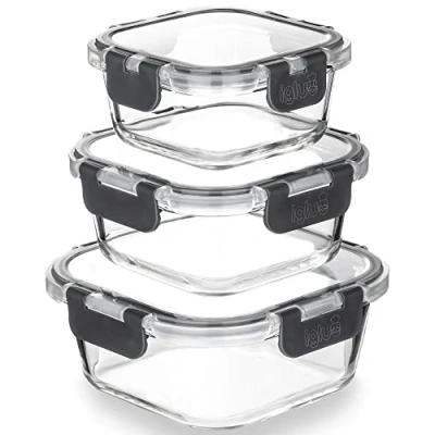 Afbeelding van Igluu Meal Prep Glazen Stapelbare Vierkante Containers (3 Stuks) BPA Vrije Lunch Vershouddozen Set. Lekbestendige Luchtdichte Deksels. Magnetron, Oven &amp; Vaatwasserbestendig (800ml, 520ml, 320ml)