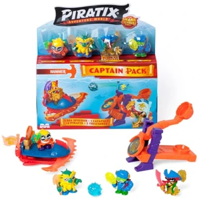 Afbeelding van PIRATIX ADVENTURE WORLD Shark Treasure serie, Captain Pack, Hammer met 4 Piratix, 1 gouden kapitein, accessoires &#039;kristallen&#039;, Sea Speeder, Catapult, 2 vlaggen kristaleffect, verpakking van 6/6