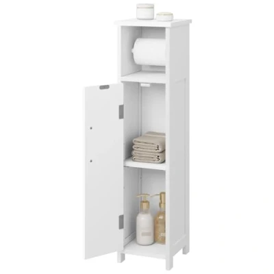 Afbeelding van EUGAD Vloertoiletpapierhouder, badkamermeubel met kolom, weinig ruimte badkamerkast deur, toiletpapierhouder, wit, hout, 18 x 71 cm
