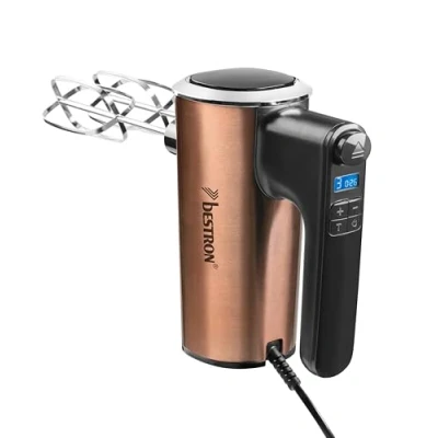 Afbeelding van Bestron Power Handmixer, krachtige handmixer met 6 snelheden, turbo functie &amp; LCD display, mixer inclusief 2 gardes kneedhaken, lichtgewicht van 1KG, kleur: koper
