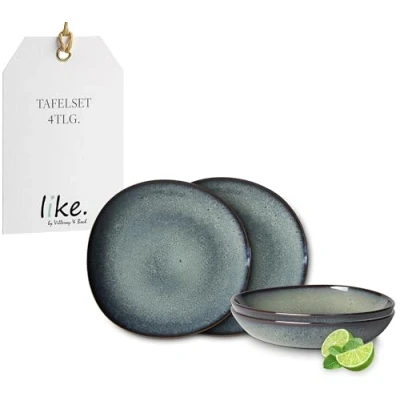 Afbeelding van like. by Villeroy &amp; Boch 4 delige serviesset, lava, grijs, aardewerk, tafelservies voor 2 personen, grijs