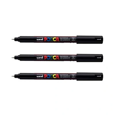 Afbeelding van POSCA Uni Mitsubishi Pencil 3 zwarte markeerstiften PC1MR extra fijne punt gekalibreerd 0,7 mm marker op waterbasis alle ondergronden voor papier, textiel, glas, kiezelsteen enz.