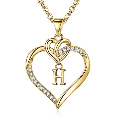 Afbeelding van TINGN hartvormige halsketting voor dames, zilvergoud, 14 karaat Witgoud verguld, initiaalketting en hanger, kubieke zirkonia, verjaardagscadeau vrouwen, vriendin, moeder,