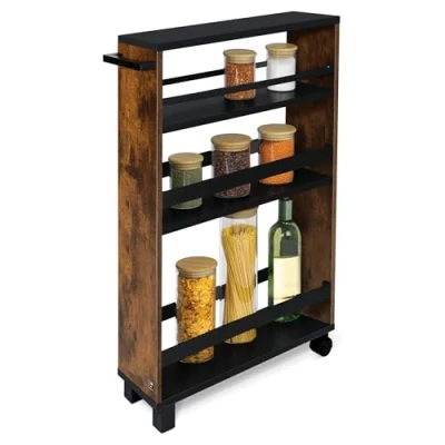 Afbeelding van BOMOE Hylla Opbergwagen, bruin en zwart, 50 x 79 15 cm, serveerwagen met 2 wielen sokkels, klein opbergrek 3 planken FSC® werkblad, kleine keukenwagen, badkamer