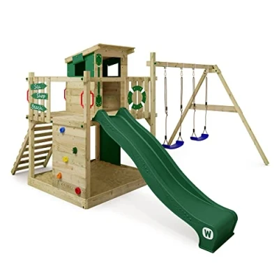 Afbeelding van WICKEY speeltoestel klimtoestel Smart Camp met schommel &amp; groene glijbaan, outdoor klimtoren voor kinderen zandbak, ladder speelaccessoires de tuin