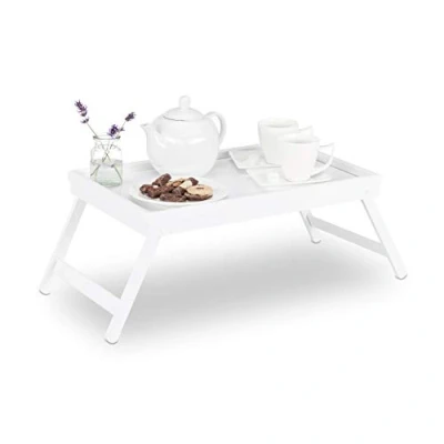 Afbeelding van Relaxdays 2x bedtafel bamboe wit dienbladtafel dienblad op pootjes klapbaar bed
