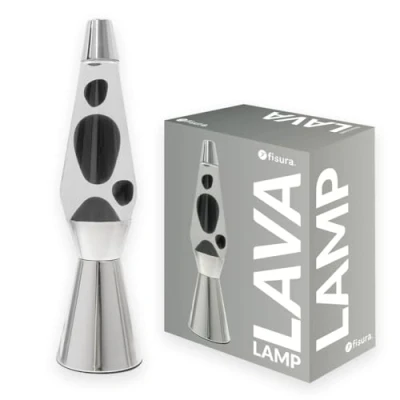 Afbeelding van Fisura zwarte lavalamp. Basis verchroomd, lava en transparante vloeistof. Retro lavalamp met reservelamp. 11,5 cm x 40