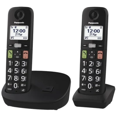 Afbeelding van Panasonic KX TGU112EXB Draadloze digitale telefoon met antwoordapparaat, basiseenheid en 2 combinaties, lcd display, grote favoriete oproeptoetsen, compatibel hoortoestellen, zwart