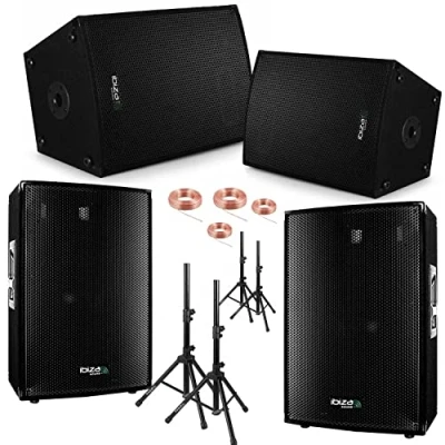 Afbeelding van Ibiza Sound Light Pack Sono totaal 2400 W 4 luidsprekers 600 zwart 2 luidsprekerpoten HP kabel avond verjaardag bruiloft