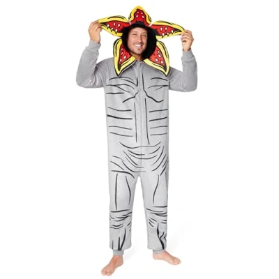 Afbeelding van Stranger Things Pyjama voor heren, onesie, romper, volwassenen, officiële fleece, tv serie, jongeren, uniseks, S XXL, grijs.
