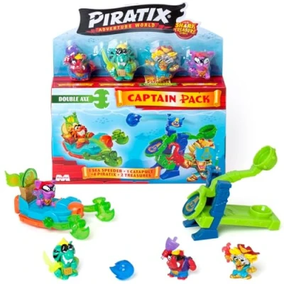 Afbeelding van PIRATIX ADVENTURE WORLD Shark Treasure serie, Captain Pack, dubbele as met 4 piratix, 1 gouden kapitein, accessoires &#039;kristallen&#039;, Sea Speeder, Catapult, 2 vlaggen kristaleffect, verpakking van