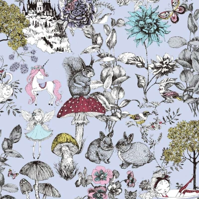 Afbeelding van DIEREN, ELFJES, EENHOORN EN BLOEMEN BEHANG Kinderkamer grijs zwart wit geel rood A.S. Création Little Love
