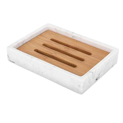 Afbeelding van Zeepschaal met bamboehouder, glanzend en elegant, rechthoekig, van hars marmer, sneldrogend, zeepbakje, behuizing voor keuken, badkamer, douche inkt zwart