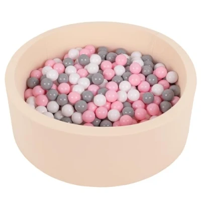 Afbeelding van SELONIS Ballenbad 90 x 30 cm, 300 ronde ballen van schuimrubber voor baby&#039;s en kinderen, beige: wit/grijs/poederroze