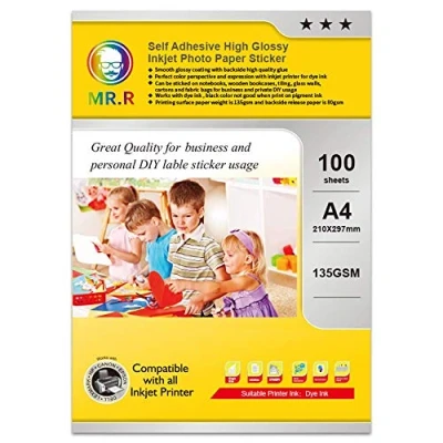 Afbeelding van MR.R 135 g/m² A4 x 100 vellen fotopapier, glanzend, zelfklevend, blanco, voor zelfklevende prints in fotokwaliteit