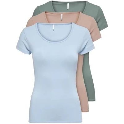 Afbeelding van ONLY 15209153 Basic dames zomer T shirt 3 pack zwart of wit