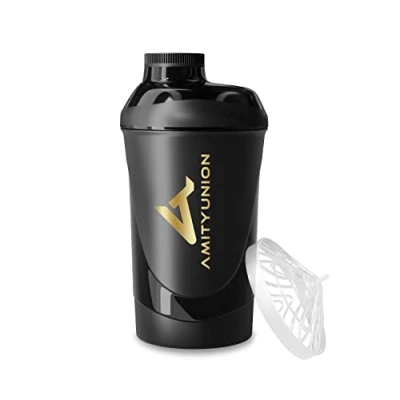 Afbeelding van AMITYUNION Eiwitshaker Deluxe 800 ml, waterdichte eiwitshaker, BPA vrij, zeef voor romige shakes met weipoeder, goud en zwarte fitnessbeker
