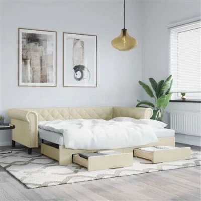 Afbeelding van vidaXL Slaapbank met onderschuifbed en lades 90x200 cm kunstleer crÃ¨me