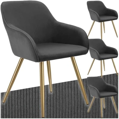 Afbeelding van tectake® 4 x Stoel Gestoffeerde Woonkamerstoel met cordlook antraciet/goud Designstoel, Loungestoel Draagvermogen tot 120kg