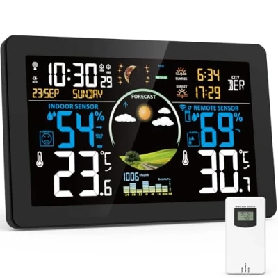 Afbeelding van VIFLYKOO Weerstation met buitensensor, DCF LCD display, draadloos