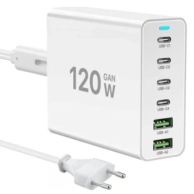 Afbeelding van Oplader USB C 120 W GaN, meerdere oplader【4USB + 2USB A】 PD oplader, 6 poorten, laadstation, compatibel met iPhone/Samsung/Google/Tablet/Mobil Power en andere apparaten (wit)
