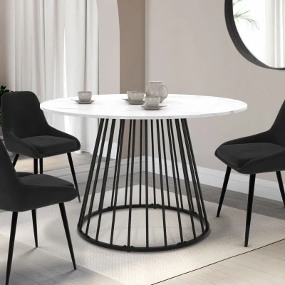 Image de Table à manger ronde YUNA 4 6 personnes plateau effet marbre blanc ALASKA et pied filaire en métal noir 110 cm