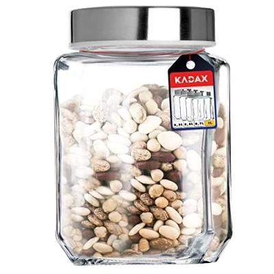 Afbeelding van KADAX Glazen container voor specerijen, transparante pot noten, snoep, met deksel, voorraadpot, voedselcontainer, voorraadpot (1000 ml, wit)