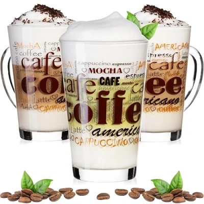 Afbeelding van PLATINUX Set van 3 koffieglazen met motief, max. 350 ml, latte macchiato glas, cappuccinoglazen handvat