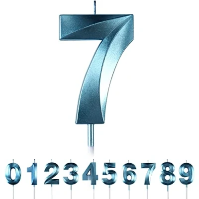 Afbeelding van Verjaardagskaarsen, cijfer 7, blauw, 3D kaarsen, taartdecoratie, verjaardagstaartdecoratie