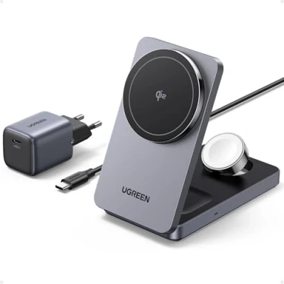 Afbeelding van UGREEN MagFlow Qi2 inductie oplader voor iPhone 3 in 1, 15 W, compatibel met MagSafe 16 Pro Max Plus 14 13 12 AirPods 4 2 iWatch draadloze oplader, magnetisch, opvouwbaar, 70 graden