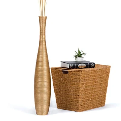 Afbeelding van Leewadee Grote vaas om op de grond neer te zetten voor decoratieve takken, mangohouten vaas, 90 cm, goudkleurig