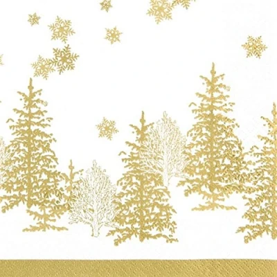 Afbeelding van 20 stuks kleine cocktailservetten, dennen en sneeuwvlokken, goudkleurig, tafeldecoratie, decoupage, decoupagetechniek, 25 x cm