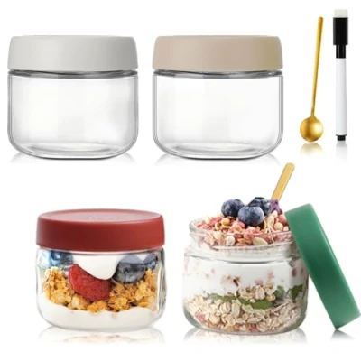 Afbeelding van QIMYGIFT Overnight Oats weckpotten met deksel, 300 ml, schroefdeksel, voor zelfgemaakte jam, babyvoeding, inblikken, glazen pot en zuurdesem