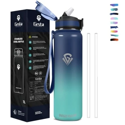 Afbeelding van Grsta Thermische waterfles, 1 liter BPA vrije gemakkelijk te openen, veilig slot, lekvrije sportfles, schoolfles, sport, kamperen, fietsen