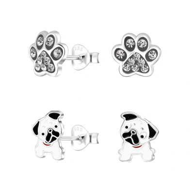 Afbeelding van Zilveren bulldog hond en crystal pootjes kinderoorbellen oorknopjes meisje zilver poot kristal kindersetje oorstekers kindersieraden sets Zilverana Sterling 925 Silver