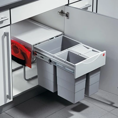 Afbeelding van Hailo Ruimtebesparende tandem vuilnisemmer voor de keuken, kunststof, lichtgrijs, grijs, Eén maat