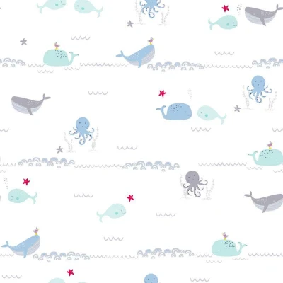 Afbeelding van VROLIJKE ONDERWATERDIEREN BEHANG Kinderkamer blauw grijs wit groen rood A.S. Création Little Love