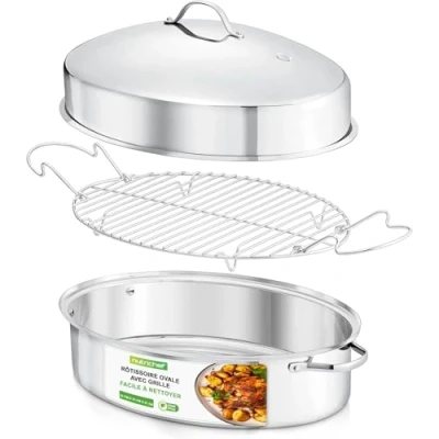 Afbeelding van NutriChef Braadpannen, Ovaal Stoofpan met Deksel Premium Roestvrijstalen Braadpan Brede Handgrepen &amp; Verwijderbaar Rek Multifunctioneel Kookgerei
