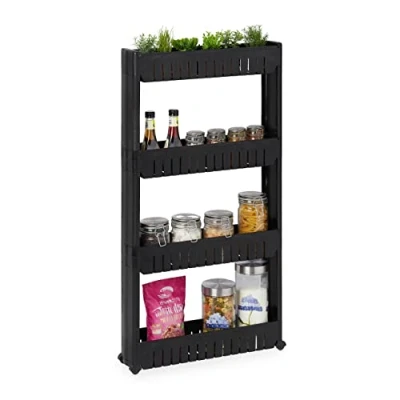 Afbeelding van Relaxdays Niswagen met 4 planken, smalle plank voor badkamer en keuken, 101 x 12,5 54 cm, kunststof rek, zwart