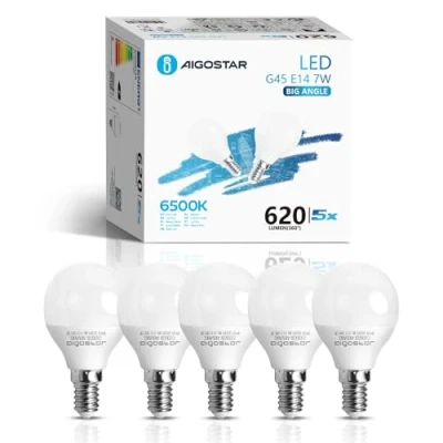 Afbeelding van Aigostar Ledlampen E14 G45, 7 W verbruikt komt overeen met 49 W, koud wit licht 6500 K, 620 lumen, hoek van 180 graden, CRI &gt; 80, 5 stuks doos