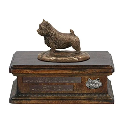Afbeelding van Persoonlijke urn hond voor Norwich Terrier met beeldje en houten design