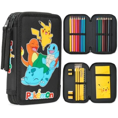 Afbeelding van Pokémon pennenetui, gevuld, Pikachu pennenetui met schoolbenodigdheden, Zwart/Veelkleurig, Potloodhoezen
