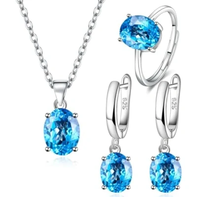 Afbeelding van TOEECY Sieradenset voor dames, kristal, 925 verzilverd, ring, halsketting, oorbellen, zirkonia, elegant, bruiloft, avond, cadeau, Metaal