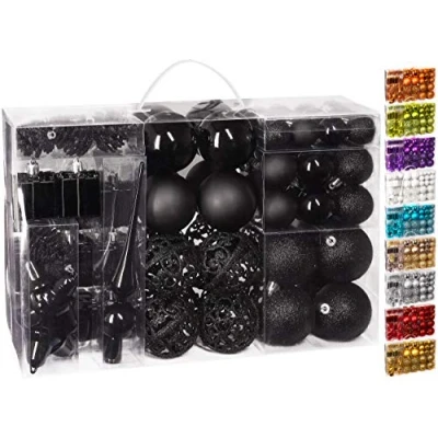 Afbeelding van BRUBAKER Kerstballen Set met Dennenappels, Kerstklokken, Geschenken, Kerstboompiek Kerstboomversiering 101 delen Zwart